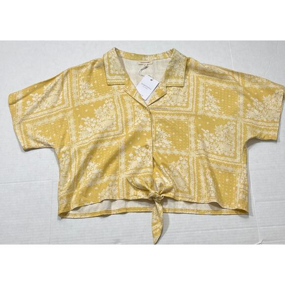 NEW AndTheWhy Yellow Linen Button Down Blouse Womens 2X Resortwear Patchwork - Picture 2 of 8